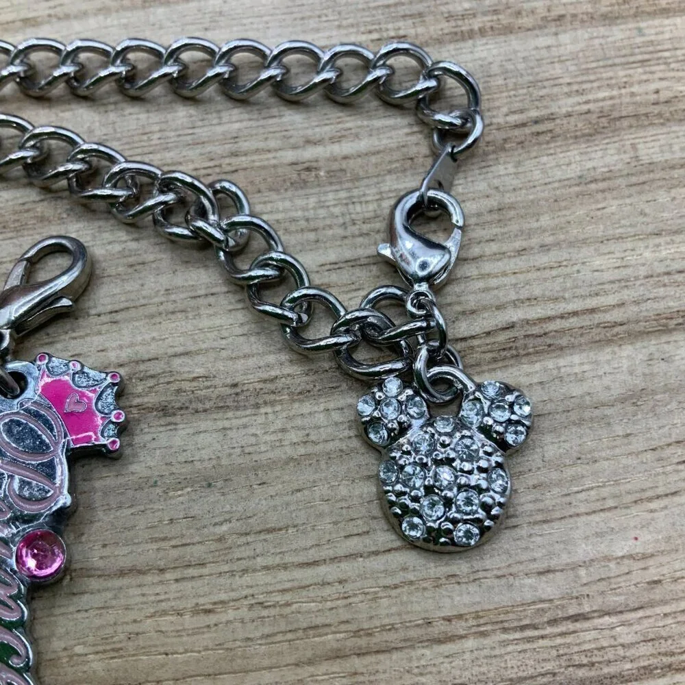 Disney Silver Tone Charm Belle Princess Rhinestone Chain Bracelet